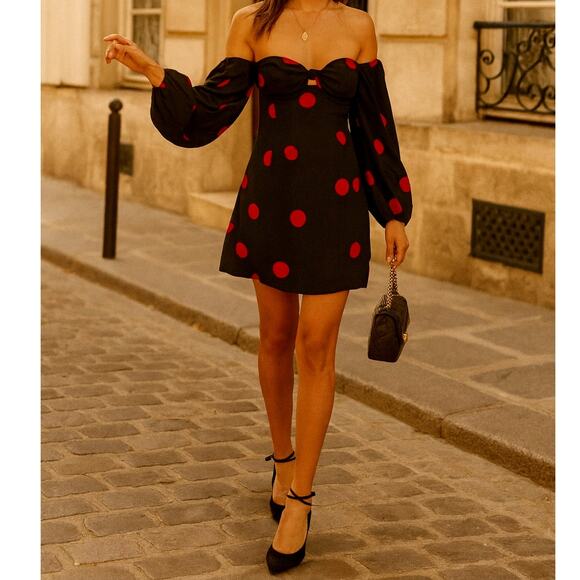 NWT Reformation 12 Roshay Polka Dot Off the Shoulder Dress Long Sleeve Black Red - Picture 1 of 5